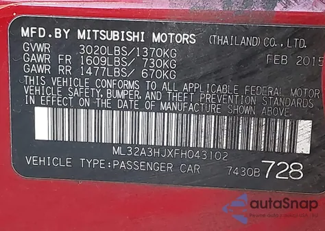 2015 Mitsubishi Mirage De from USA, damaged, VIN ML32A3HJXFH043102